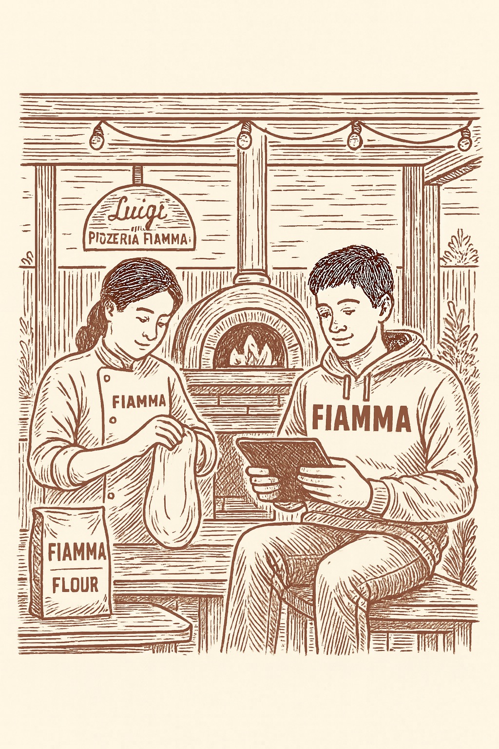 Lisa shaping dough and Eljay checking orders by the Fiamma oven.