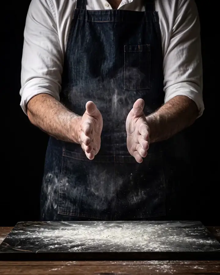 A baker clapping flour-covered hands together, sending up a cloud of flour