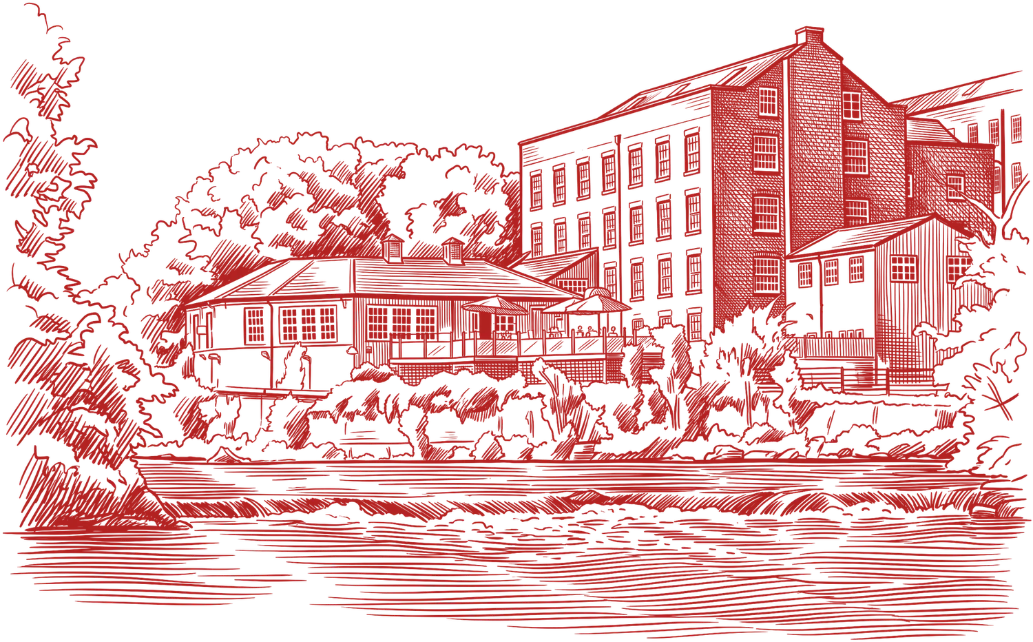 Hand-drawn illustration of The Brasserie at Darleys, the old brick mill on the River Derwent at Darley Abbey