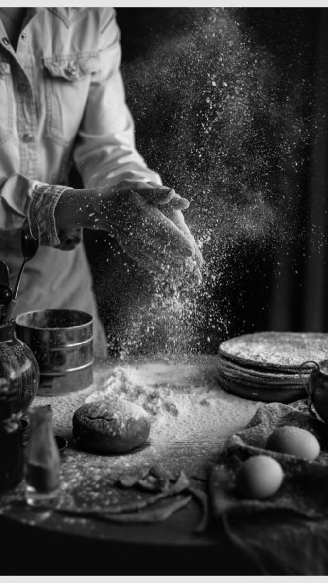 Flour flying above a baker's bench as dough is worked by hand