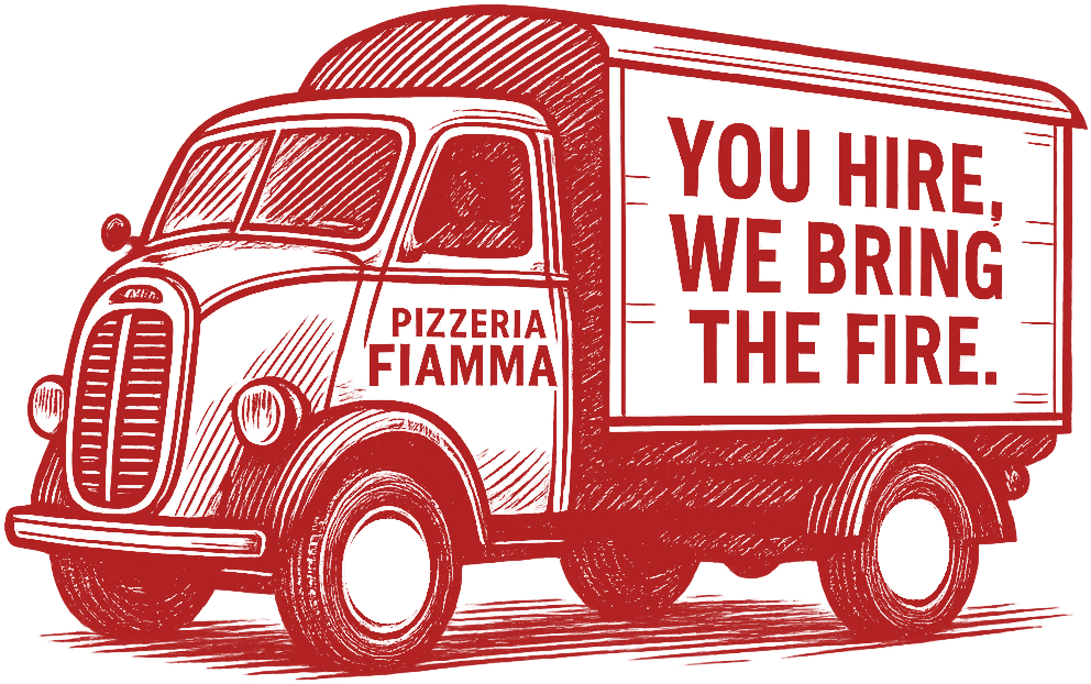 Luigi, the Fiamma pizza van, with You hire, we bring the fire painted on the side